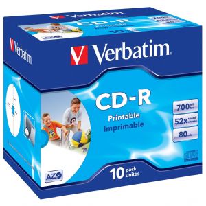 VERBATIM 43325  CD-R AZO INKJET WIDE PRINTABLE 700MB 52X80 10 LU JEWEL CASE